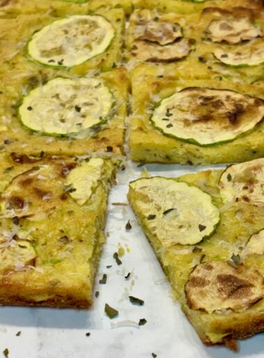 Squared slices of toddler focaccia are displayed