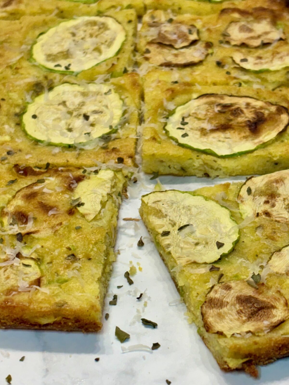 Squared slices of toddler focaccia are displayed