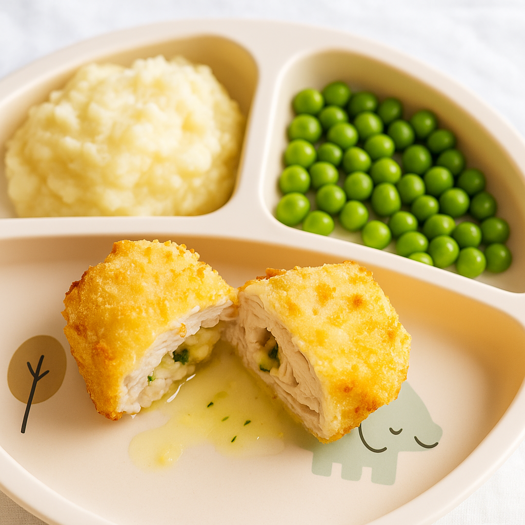 Chicken kiev for kids is shown split, with its butter sauce and herb filling at center; peas and mashed potatoes are included on the plate.