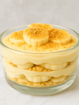 Healthy banana pudding, featuring layers of banana cream, banana slices, and graham cracker crumbs