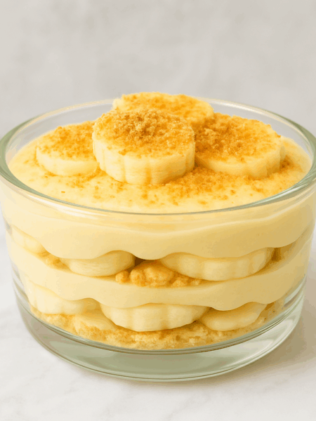 Healthy banana pudding, featuring layers of banana cream, banana slices, and graham cracker crumbs
