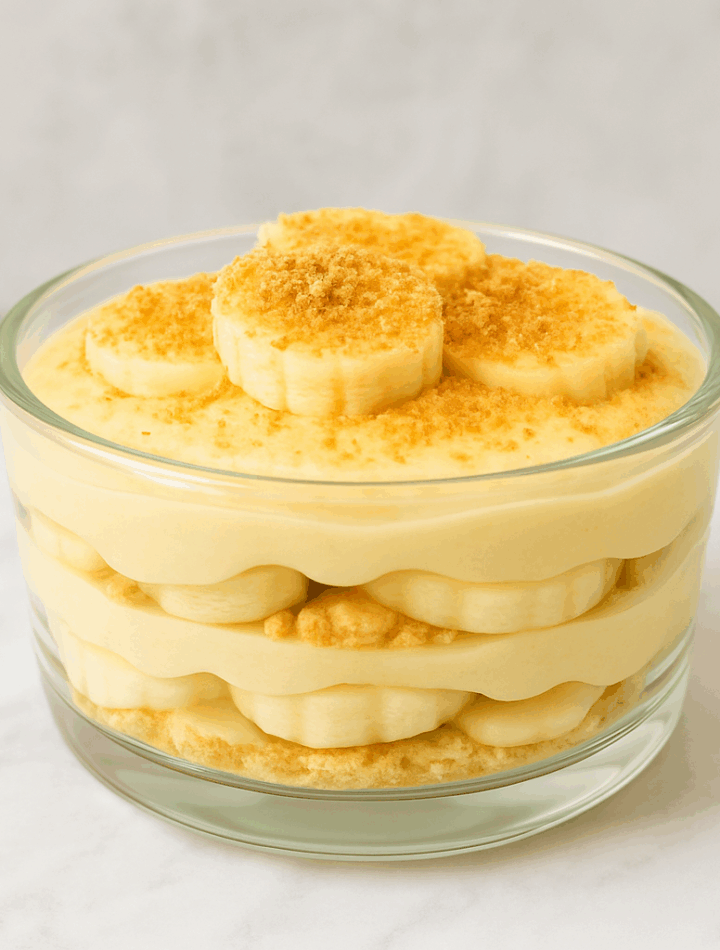 Healthy banana pudding, featuring layers of banana cream, banana slices, and graham cracker crumbs