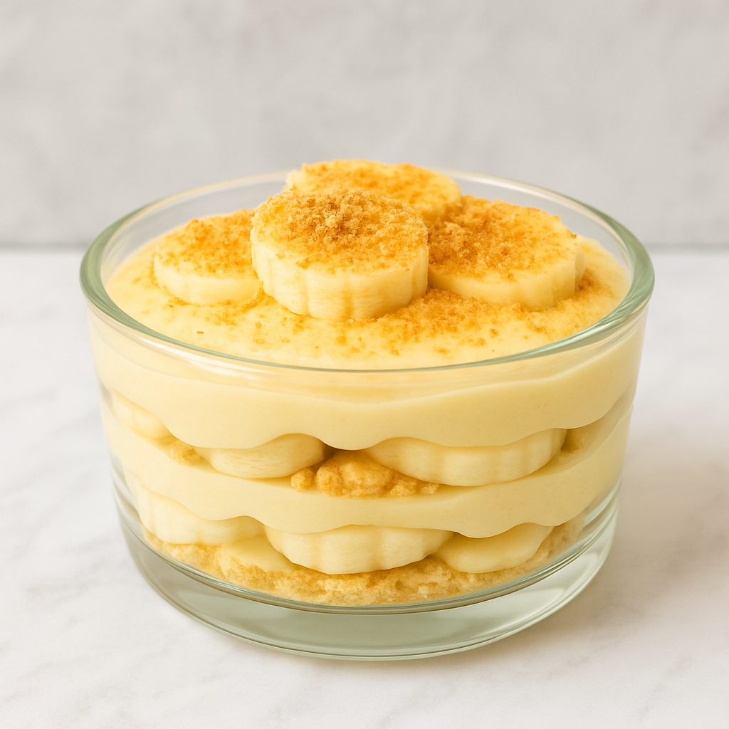 Healthy banana pudding, featuring layers of banana cream, banana slices, and graham cracker crumbs