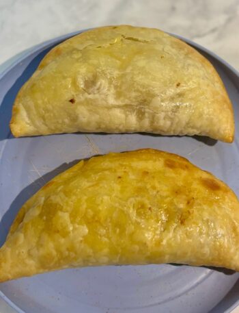 Two empanadas filled with lamb keema sloppy joes are examples of easy puff pastry recipe for toddler that utilize frozen dough.