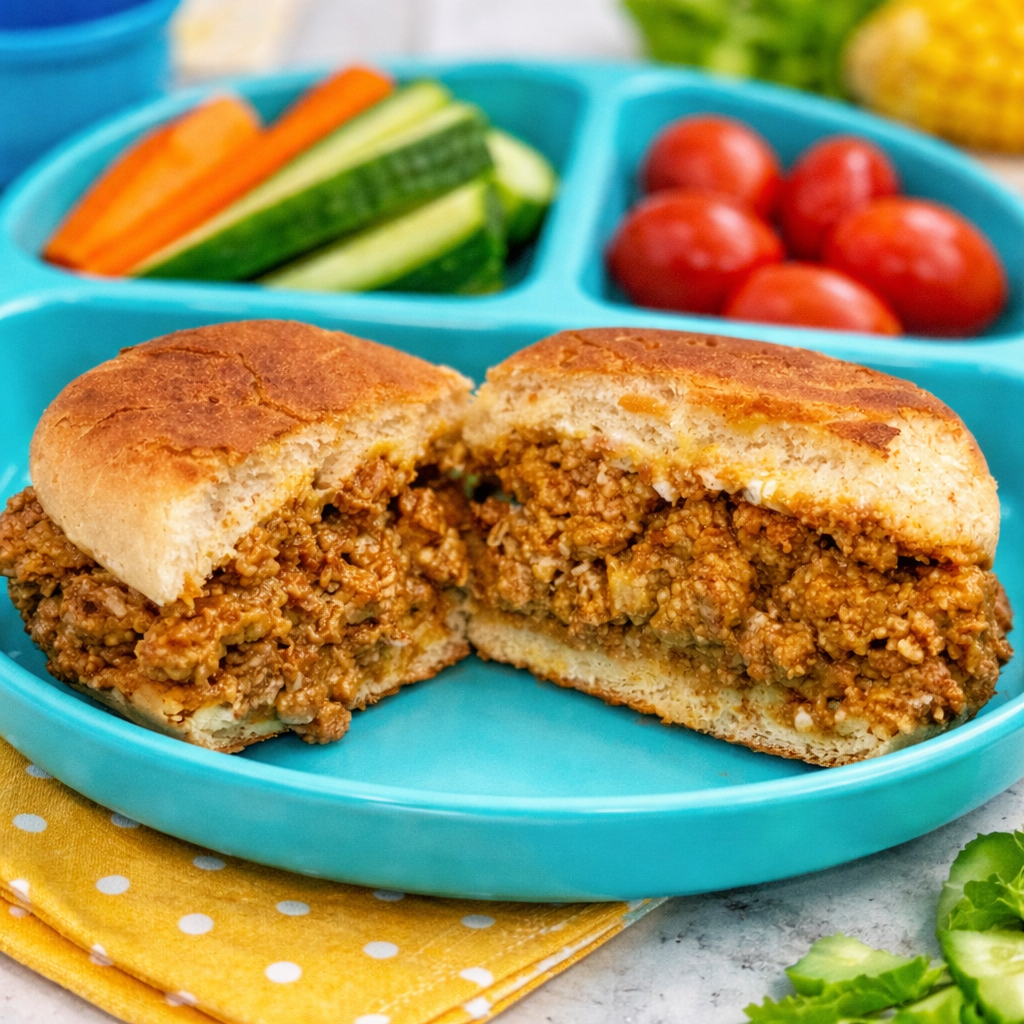 A sloppy joes for toddlers sandwich is shown split open to reveal the meaty insides; the plate also contains sides of crunchy raw vegetables.
