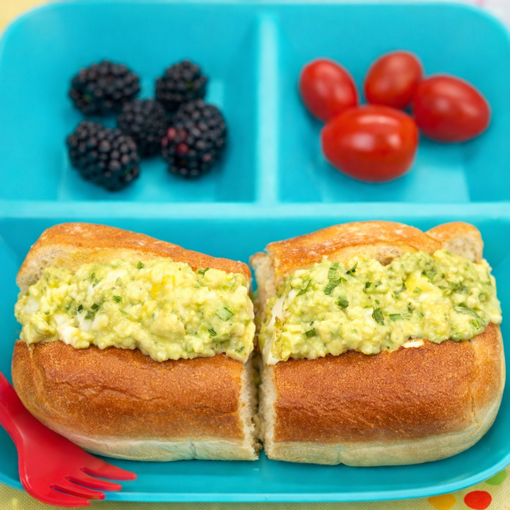 A split-top bun filled with an egg salad sandwich for toddlers is shown on a plate that also includes berries and tomatoes.