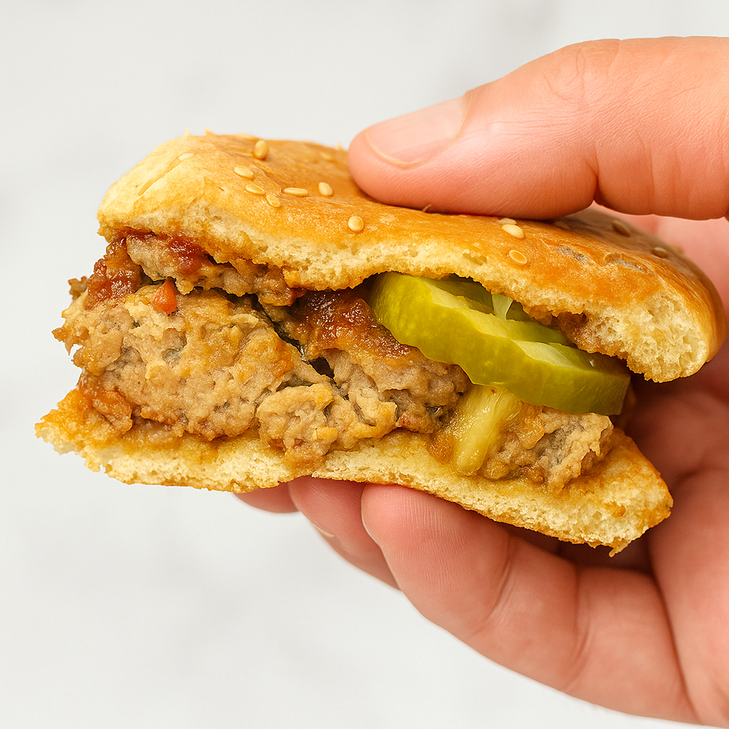 Half of a toddler meatloaf sandwich is held up to show its cruster, interior, and a pickle for some added zing.
