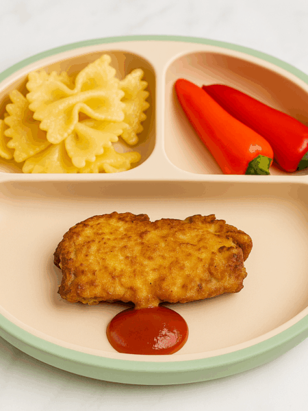 A ribeye beef cutlet, an ideal way how to introduce steak to a toddler, is plated with sauce.