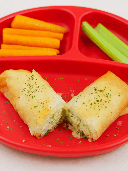 Moroccan flavored chicken fingers, wrapped in phyllo and split in half.