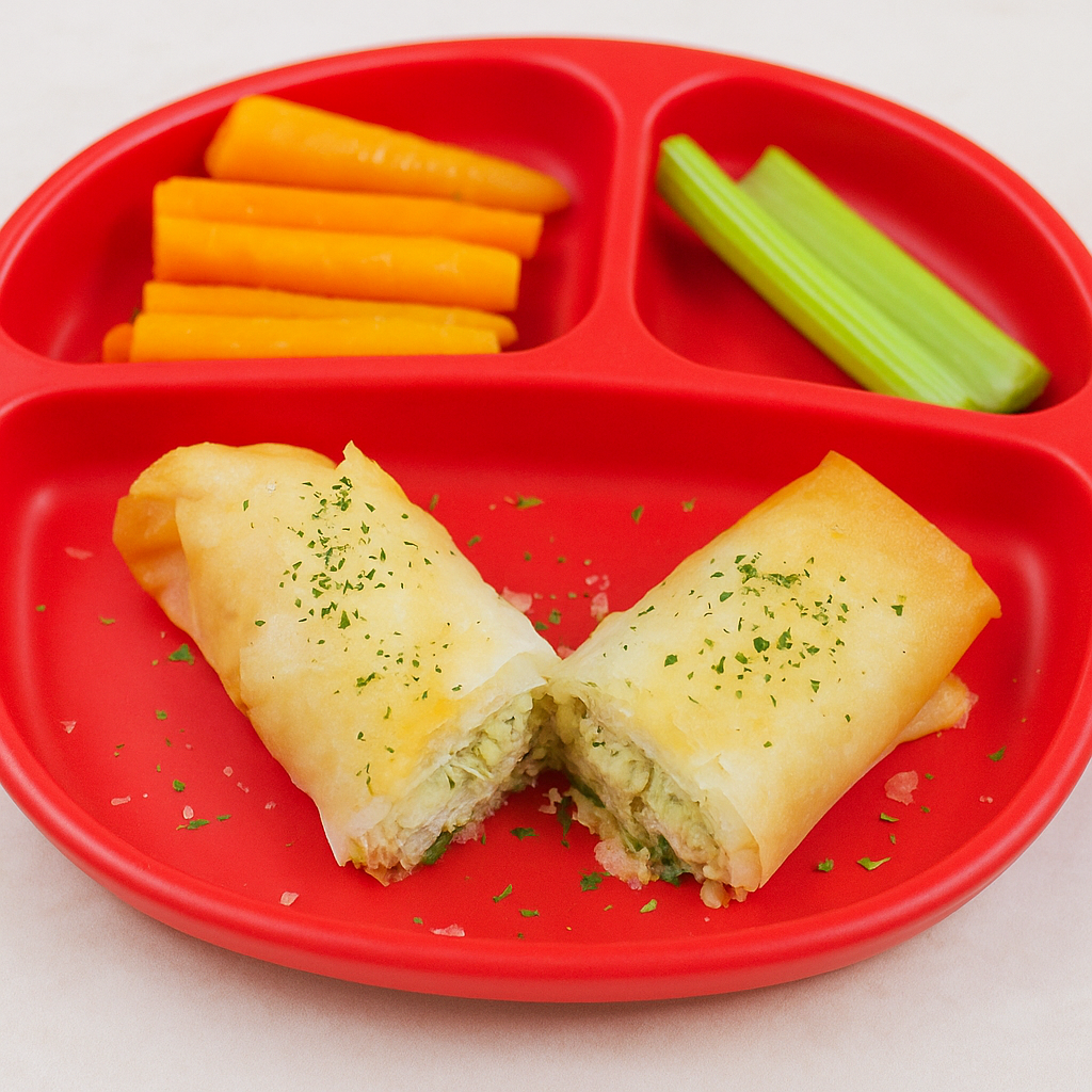 Moroccan flavored chicken fingers, wrapped in phyllo and split in half.