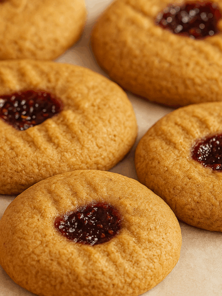 Close-up of Peanut butter and jelly cookies, enriched with miso, after baking.
