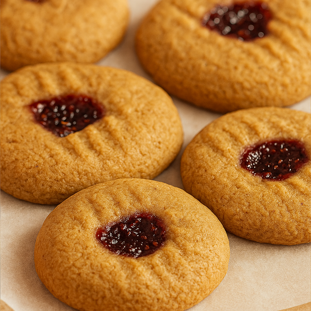Close-up of Peanut butter and jelly cookies, enriched with miso, after baking.
