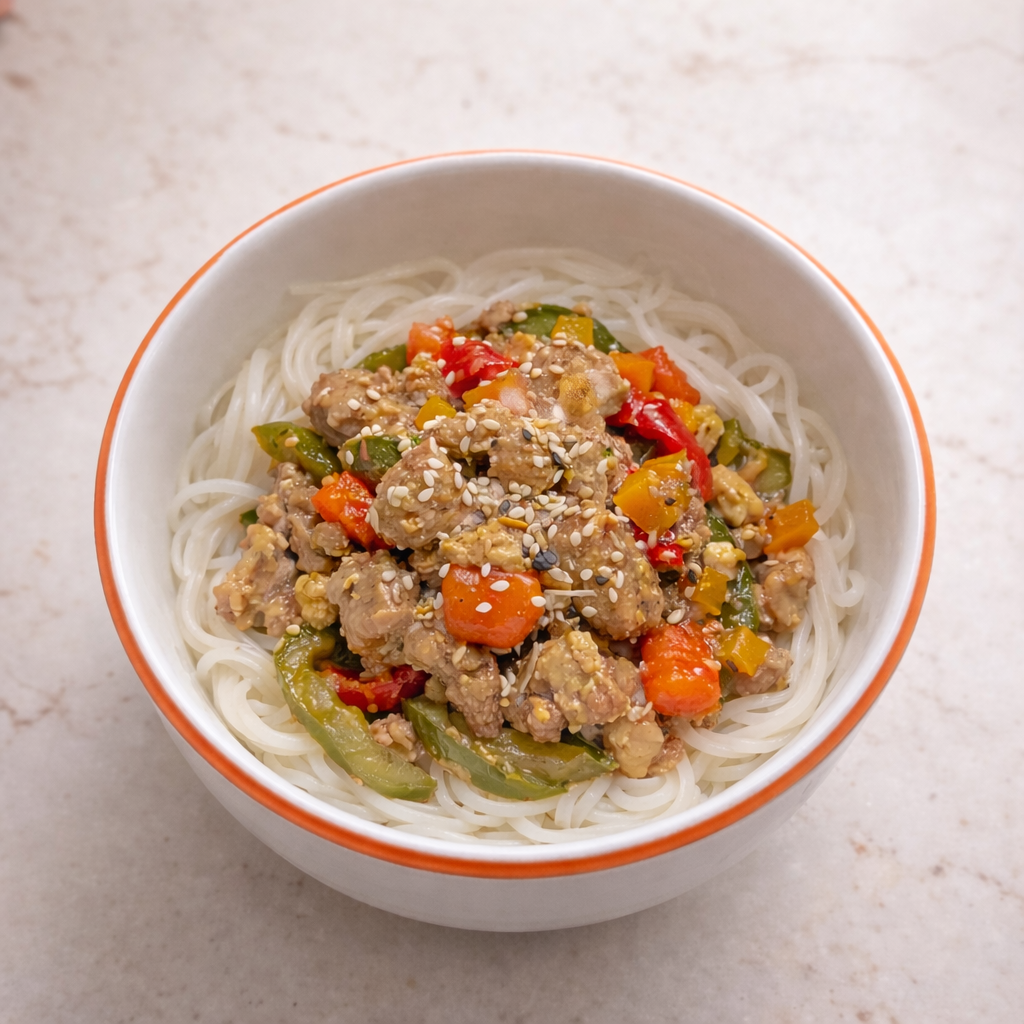 A bowl holds an ideal first stir fry for toddlers: chicken, eggs, celery, onions, and peppers cooked in a light sauce and served over noodles or rice.