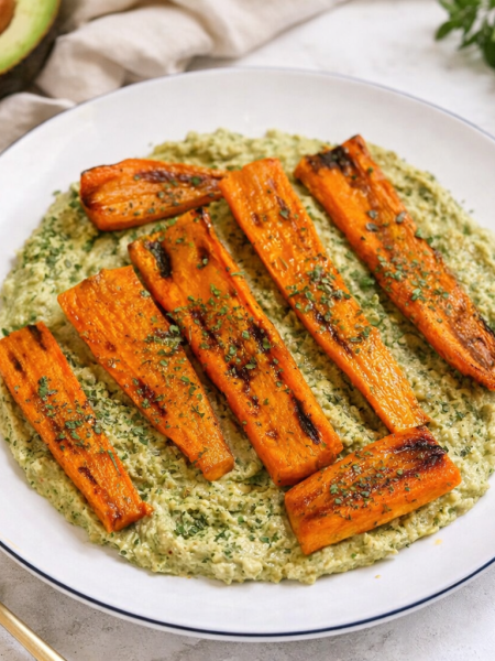 A platter of roasted carrot slices that sit atop a green avocado hummus dip.