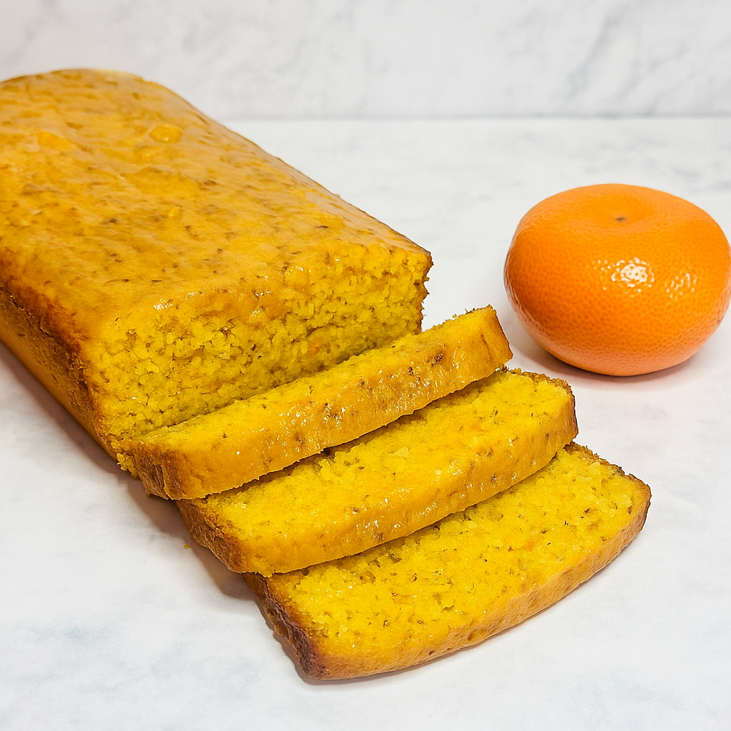 A sliced loaf cake comprised of whole clementines in shown.