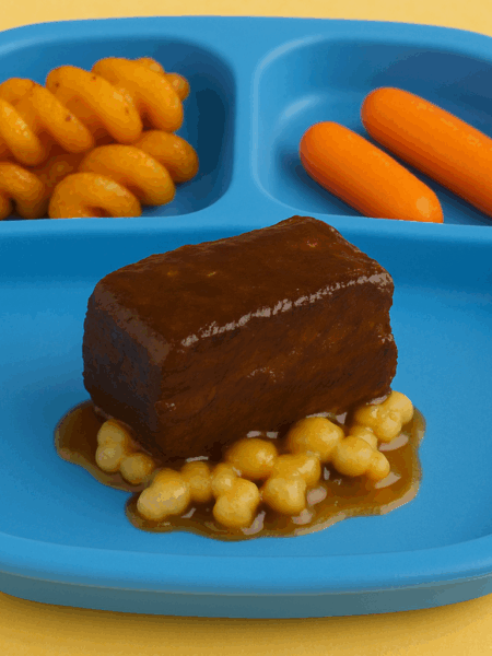Short ribs for toddlers, here presented in a braise of orange, soy, and honey, and presented atop of spaetzle.