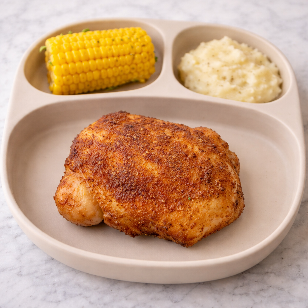 A piece of barbecue chicken for toddlers, with its (mildly) spiced skin, is shown plated with an ear of corn and mashed potatoes.