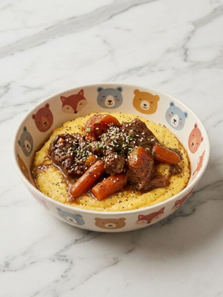Short ribs for toddlers, here presented in a braise of orange, soy, and honey, and presented atop of polenta.