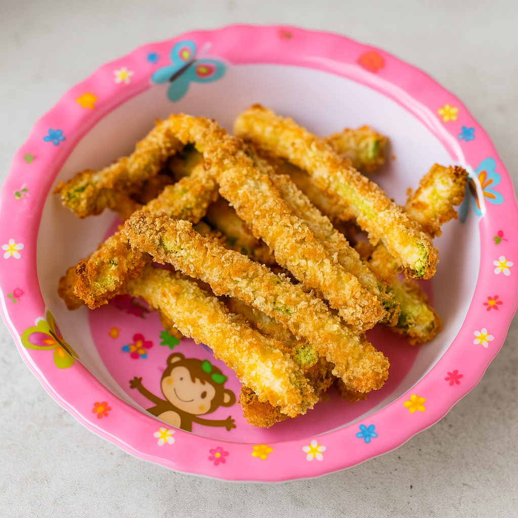 toddler veggies fries, made from zucchini, are presented in a bowl.