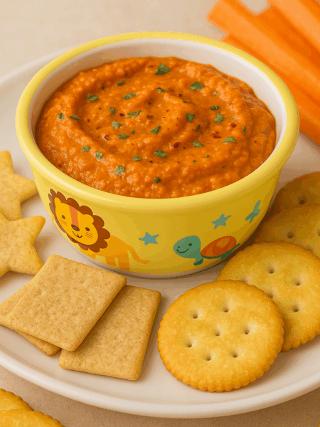 This bell pepper recipe features roasted red peppers whipped with nuts (walnuts or pistachios) to create a smooth and creamy dip to serve with crackers or vegetables.
