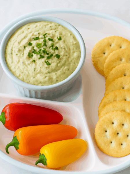 A swirl of a zucchini, white bean, and ricotta spread, a vegetable and Protein-Packed Dip, is sided with crackers and crudites.