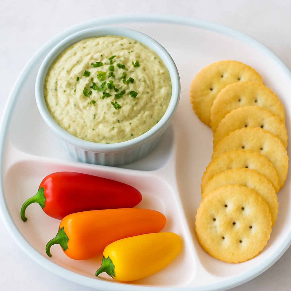 A swirl of a zucchini, white bean, and ricotta spread, a vegetable and Protein-Packed Dip, is sided with crackers and crudites.