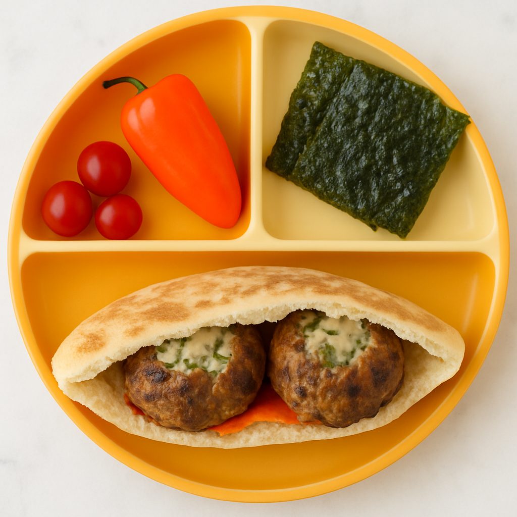 This kofta-filled pita sandwich, made with leftover ground beef, is an ideal toddler lunch. Here, two spiced meat patties are stuffed into a pita along with yogurt sauce and hummus.
