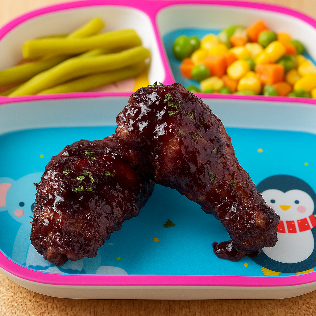 Toddler friendly chicken wings are displayed--they're coated in a blackberry and garlic sauce and plated with vegetables.