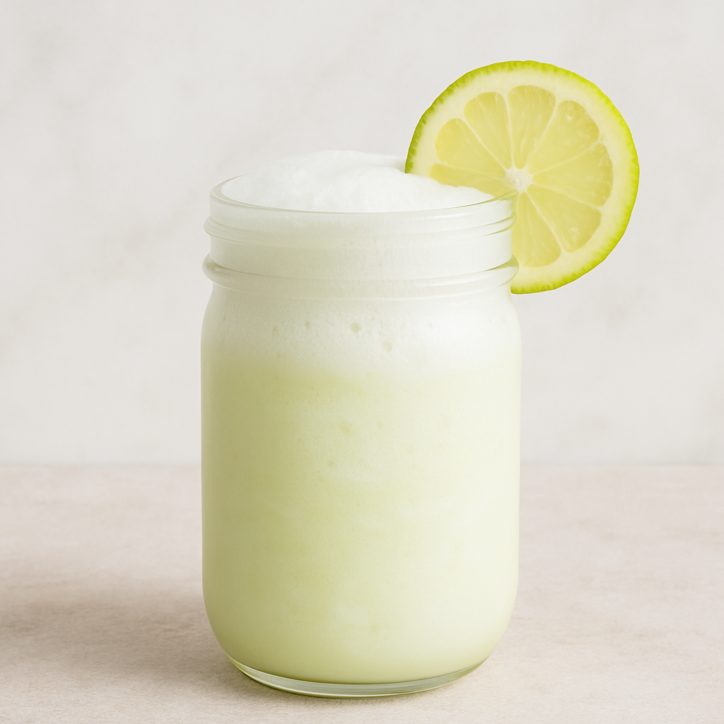 A frothy glass of frozen lemonade for kids is shown.