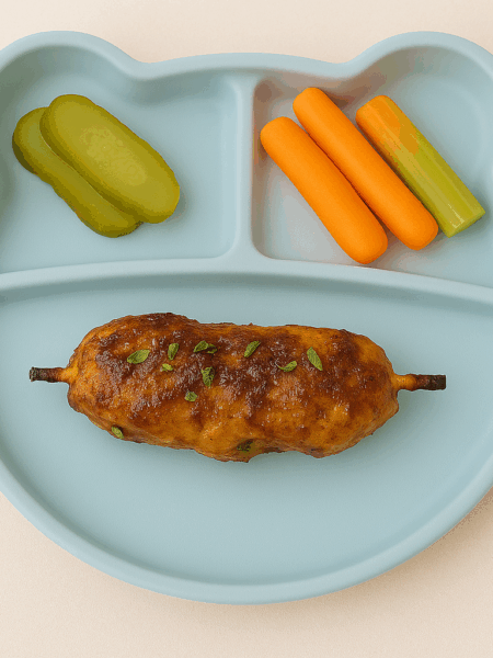 A picture of a toddler tsukune, chicken skewers for kids with Japanese flavors.