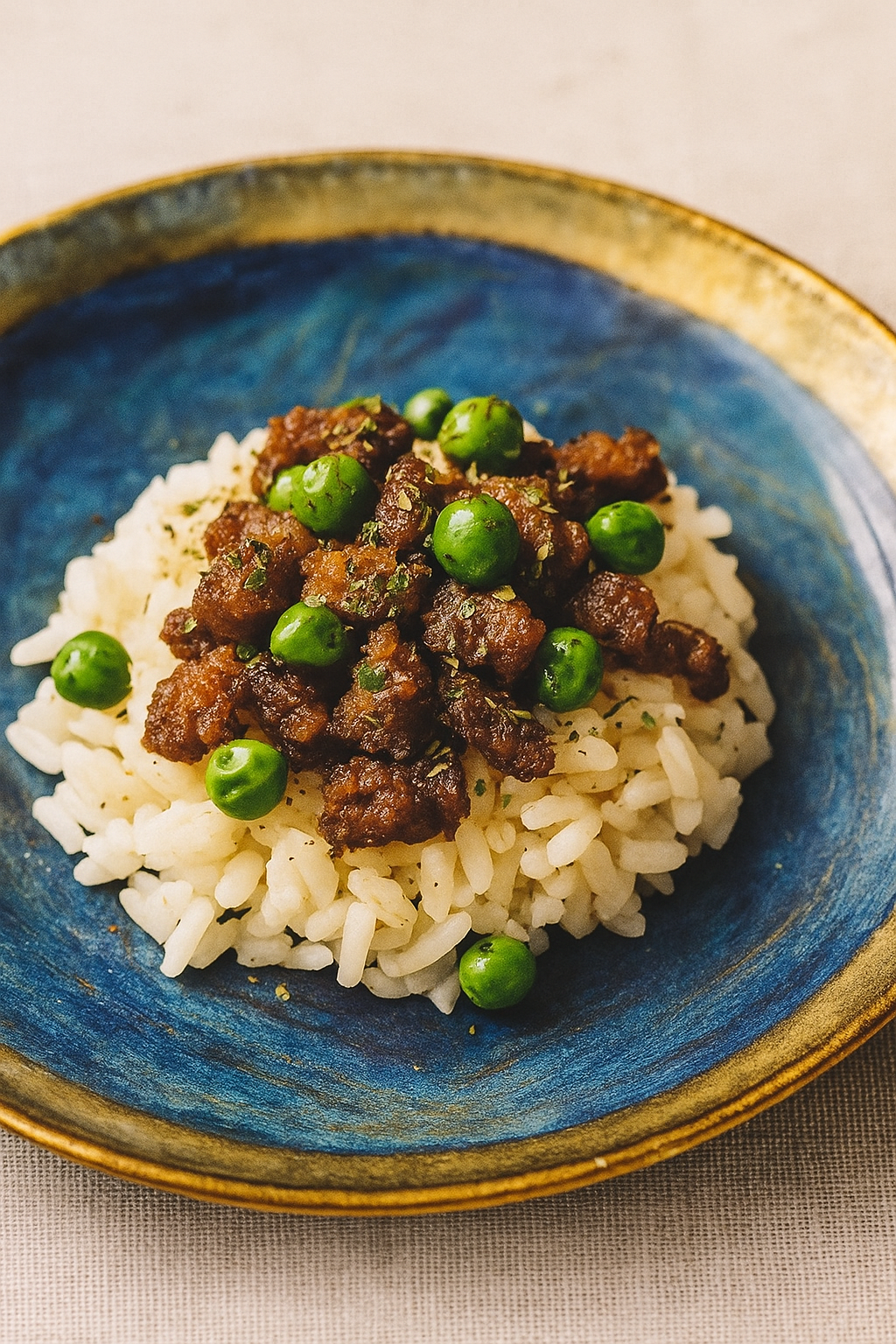 An image of a novel toddler ground beef recipe, here a donburi of marinated ground beef and peas, set over rice.