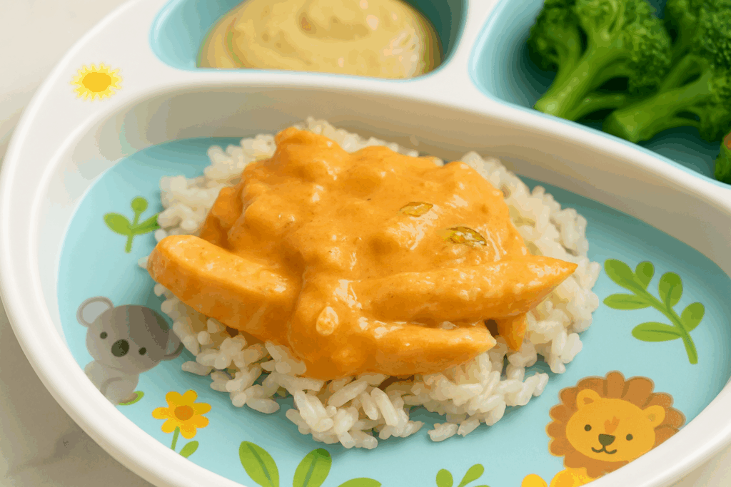 Chicken in a creamy sauce over rice--otherwise known as brazilian chicken stroganoff--is shown on a toddler plate.