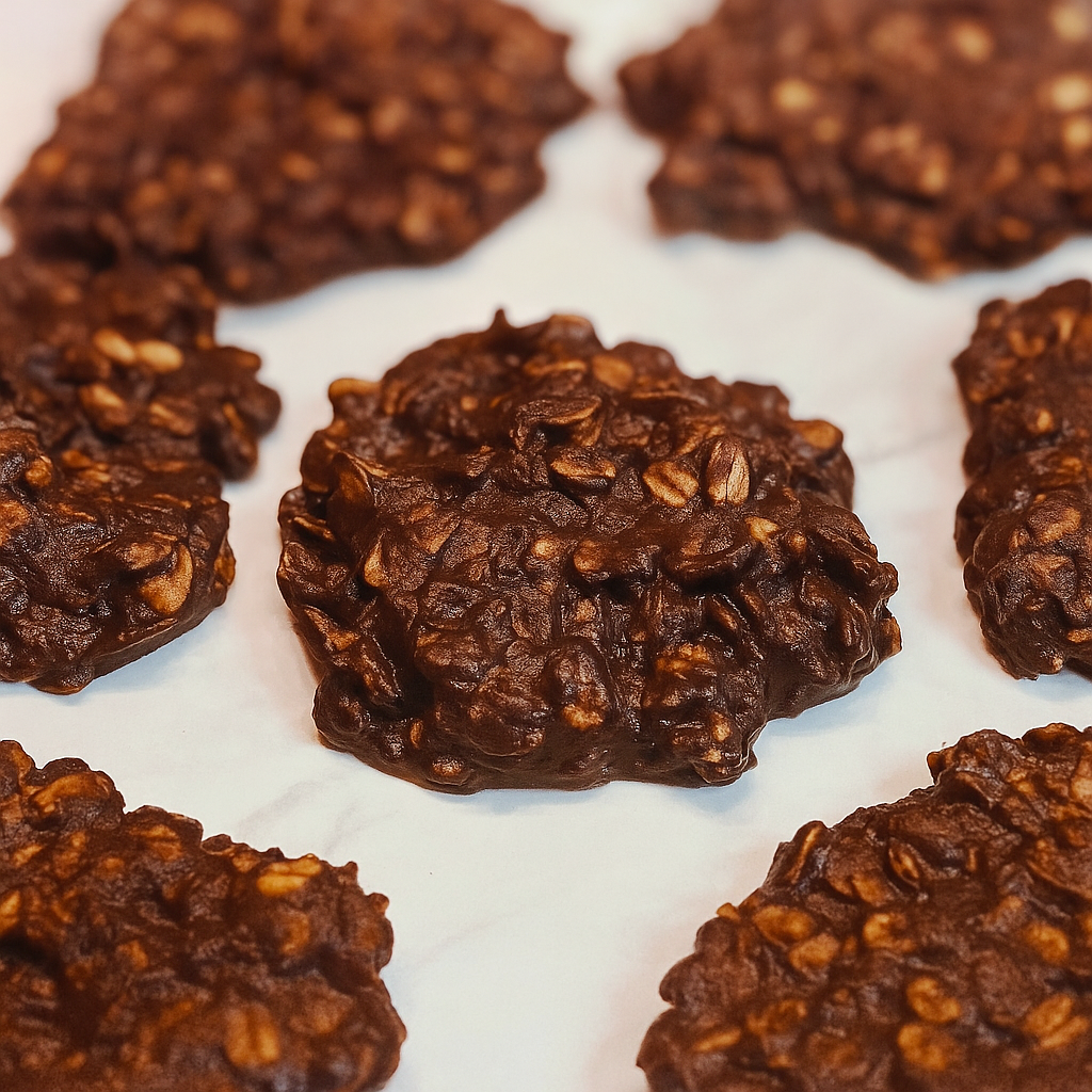 No-bake chocolate, peanut butter, and oat cookies are shown spread across a tray.