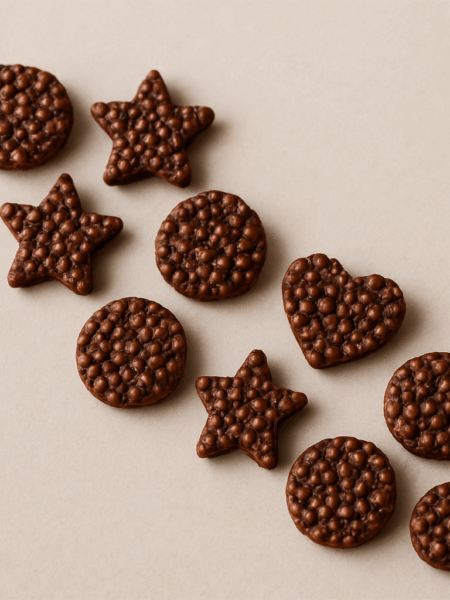 Chocolate quinoa crisps for kids are presented in small star and circle shapes.