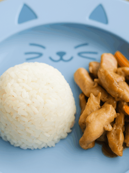 A mound of rice for toddlers, sided with a chicken stir fry.