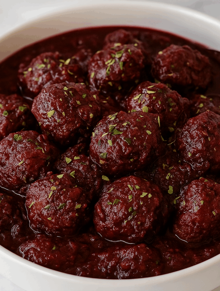 A dozen meatballs swim in a savory cherry sauce.