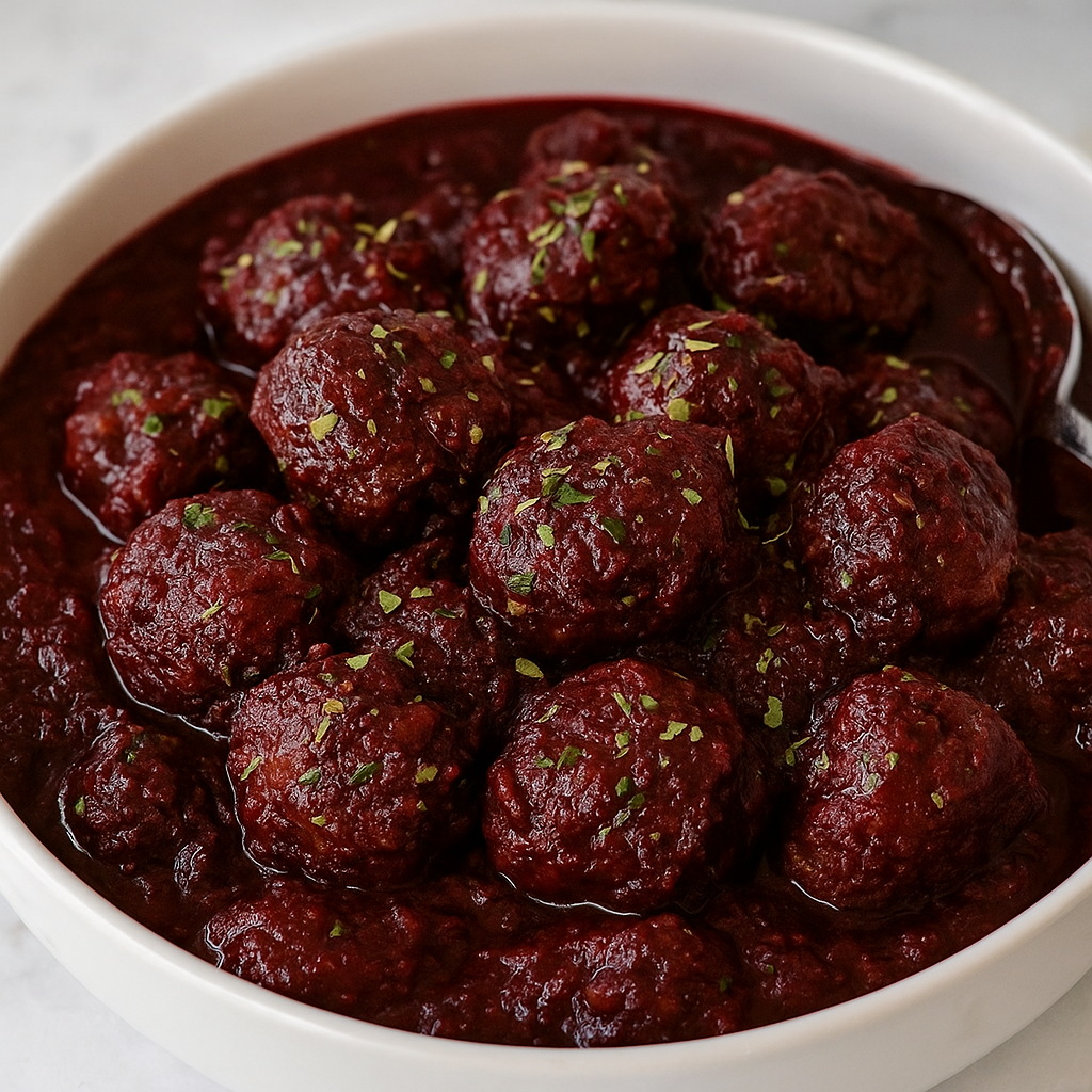 A dozen meatballs swim in a savory cherry sauce.