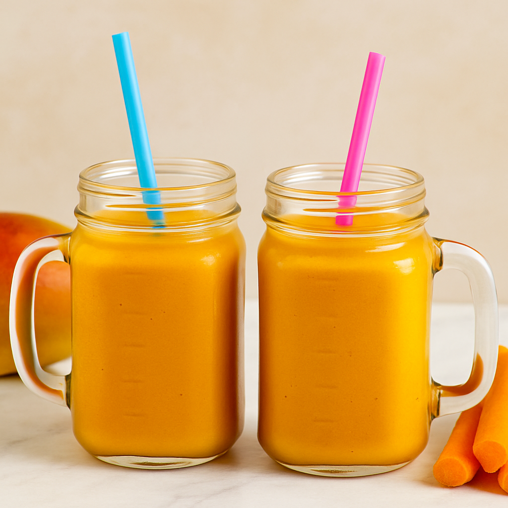 Two cups of toddler mango lassi smoothies are shown next to one another, straws hanging out.