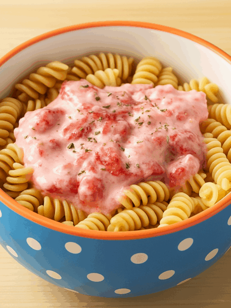 strawberry pasta for toddlers is shown here with noodles covered in a strawberry yogurt sauce.