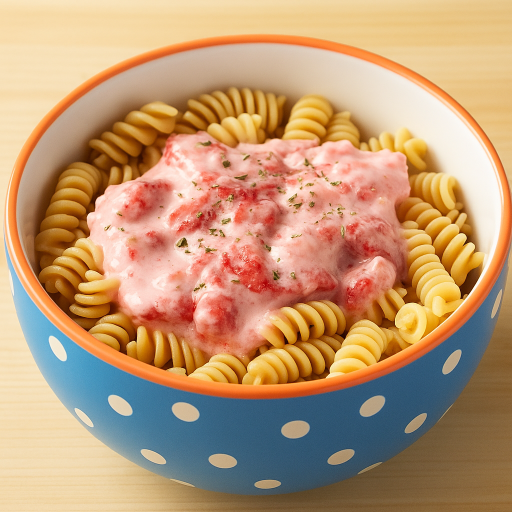 strawberry pasta for toddlers is shown here with noodles covered in a strawberry yogurt sauce.