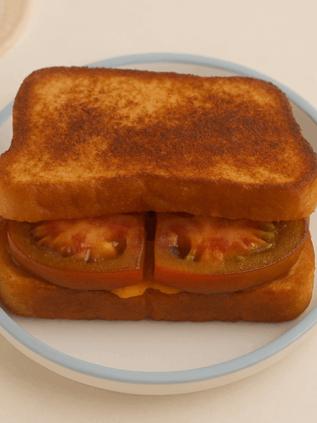 A tomato sandwich for toddlers, with slices of heirloom visible atop pieces of bacon.