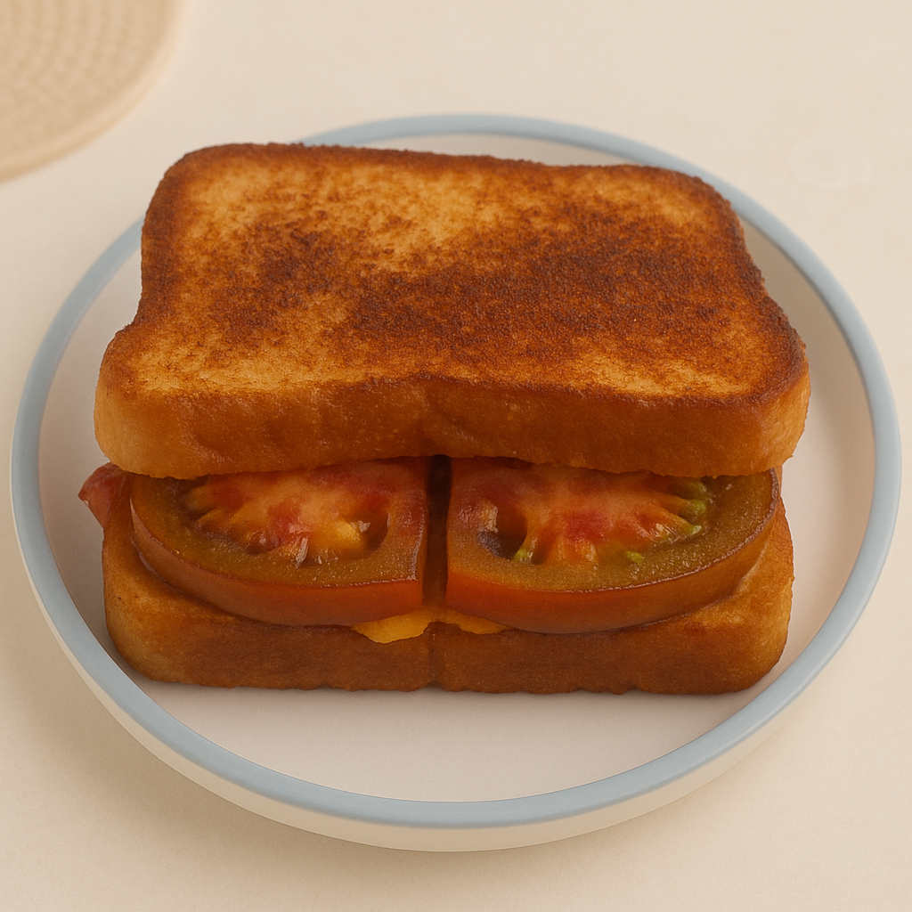 A tomato sandwich for toddlers, with slices of heirloom visible atop pieces of bacon.