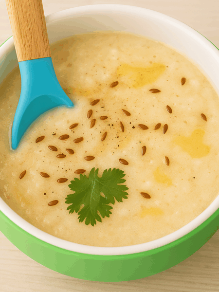 A bowl of yogurt soup, dotted with melted butter, dill, and cilantro.