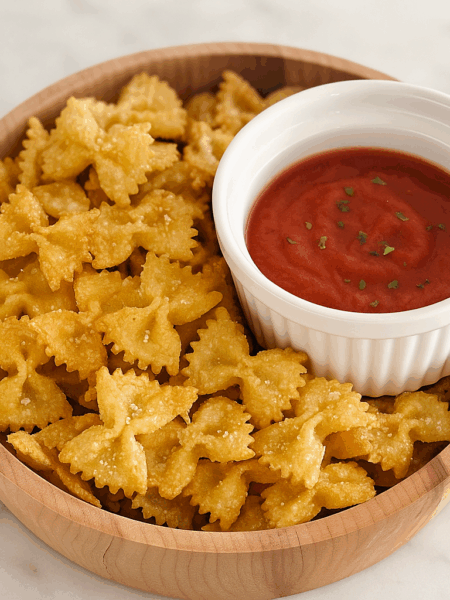 A bowl of air fryer pasta chips, here dusted with parmesan and basil, is sided with a ramekin of tomato sauce.