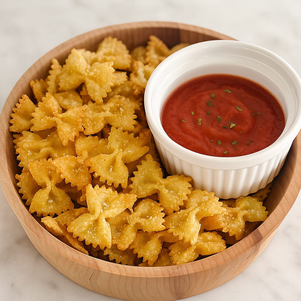 A bowl of air fryer pasta chips, here dusted with parmesan and basil, is sided with a ramekin of tomato sauce.
