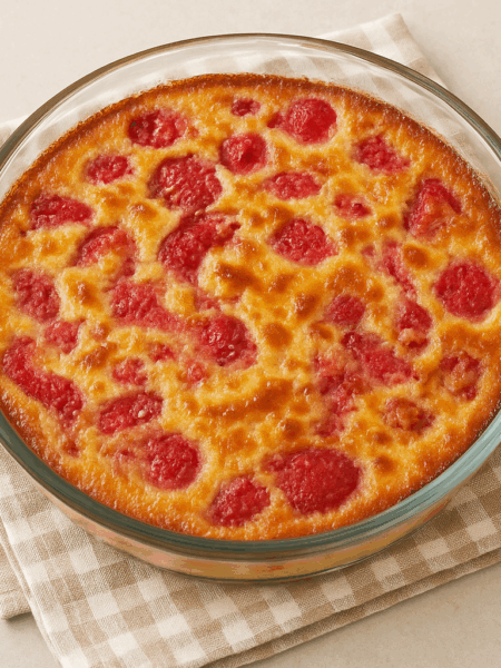 A pan shows a clafoutis studded with raspberries.
