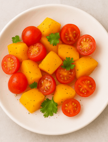 An example of salad for toddlers: slices of peach and grape tomato are enrobed in a very light dressing of oil, vinegar, and cilantro.