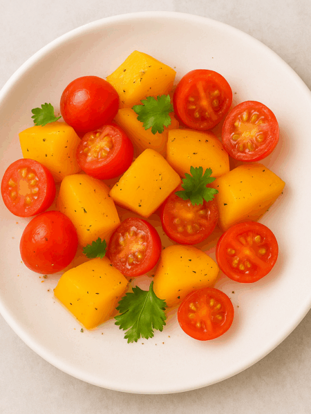 An example of salad for toddlers: slices of peach and grape tomato are enrobed in a very light dressing of oil, vinegar, and cilantro.