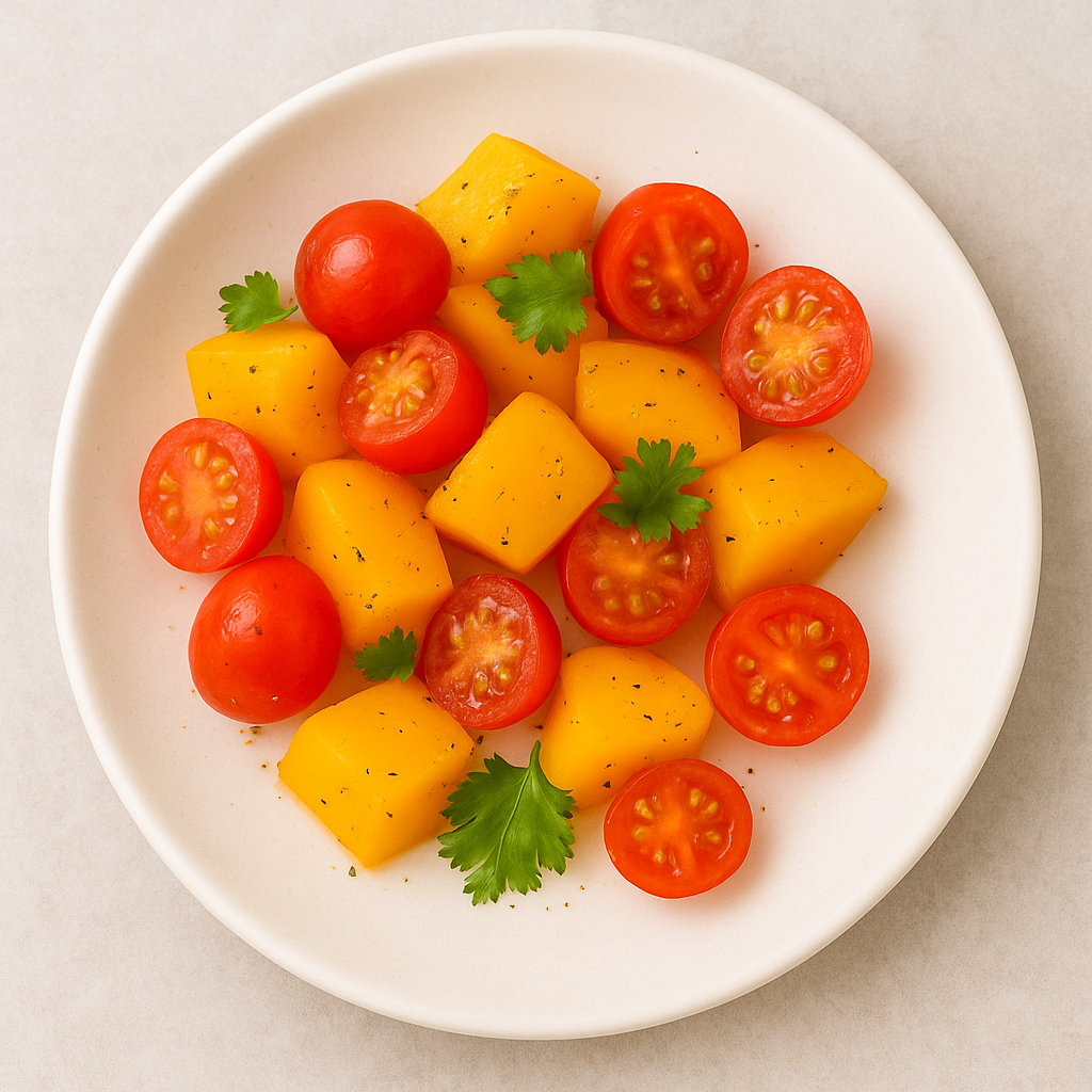 An example of salad for toddlers: slices of peach and grape tomato are enrobed in a very light dressing of oil, vinegar, and cilantro.