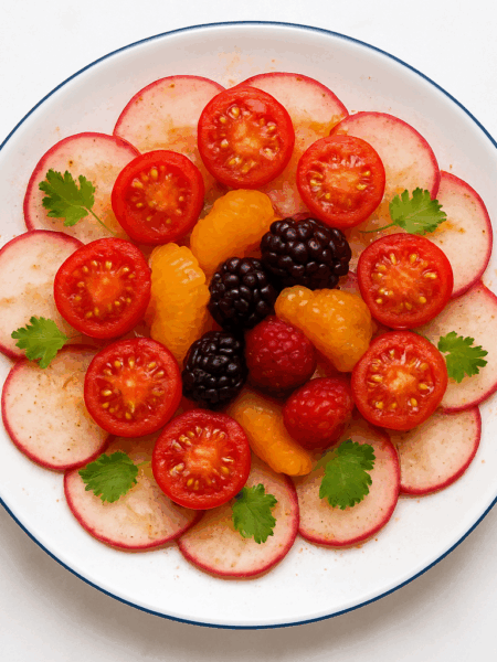 A salad for toddlers: berries, halved tomatoes, orange segments, and radish slices are all tossed in a soy and fish sauce vinagrette.